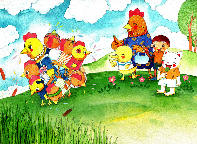 绘本插画母鸡小鸡系列-母鸡带着一群小鸡小鸭小猴和小猫图片