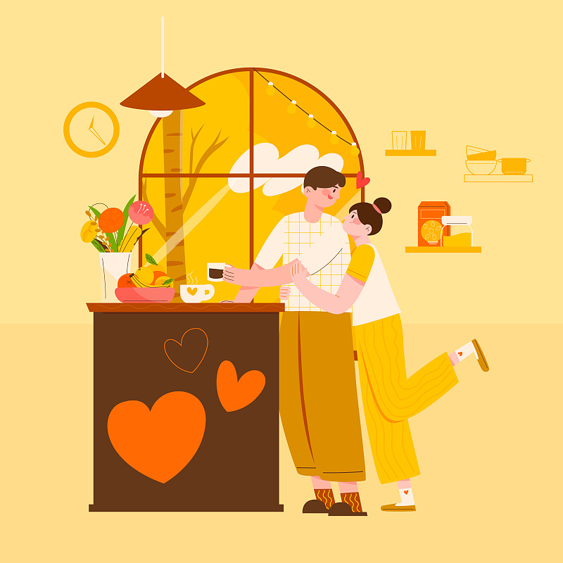 情侣在厨房拥抱对视矢量插画海报方图图片