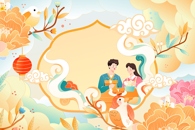卡通中秋节传统节日习俗古人情侣家人吃饭聚餐中国风国潮矢量插画图片