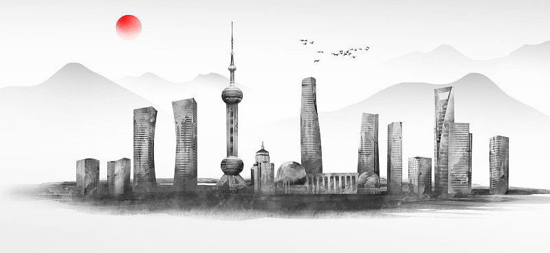 中国风上海东方明珠地标建筑插画下载