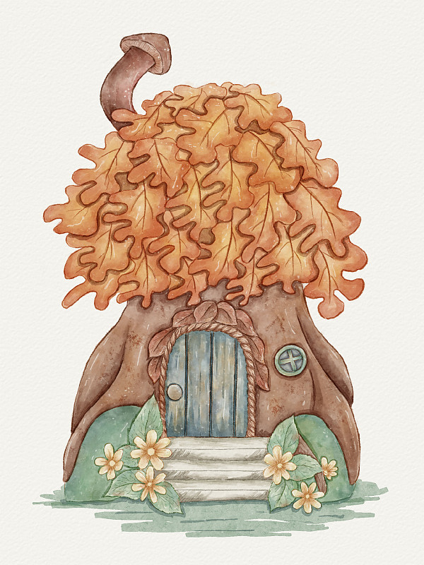 水彩小房子插画图片