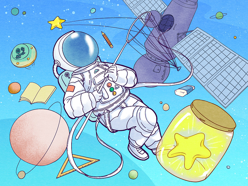 捕捉星星的太空人儿童插画图片