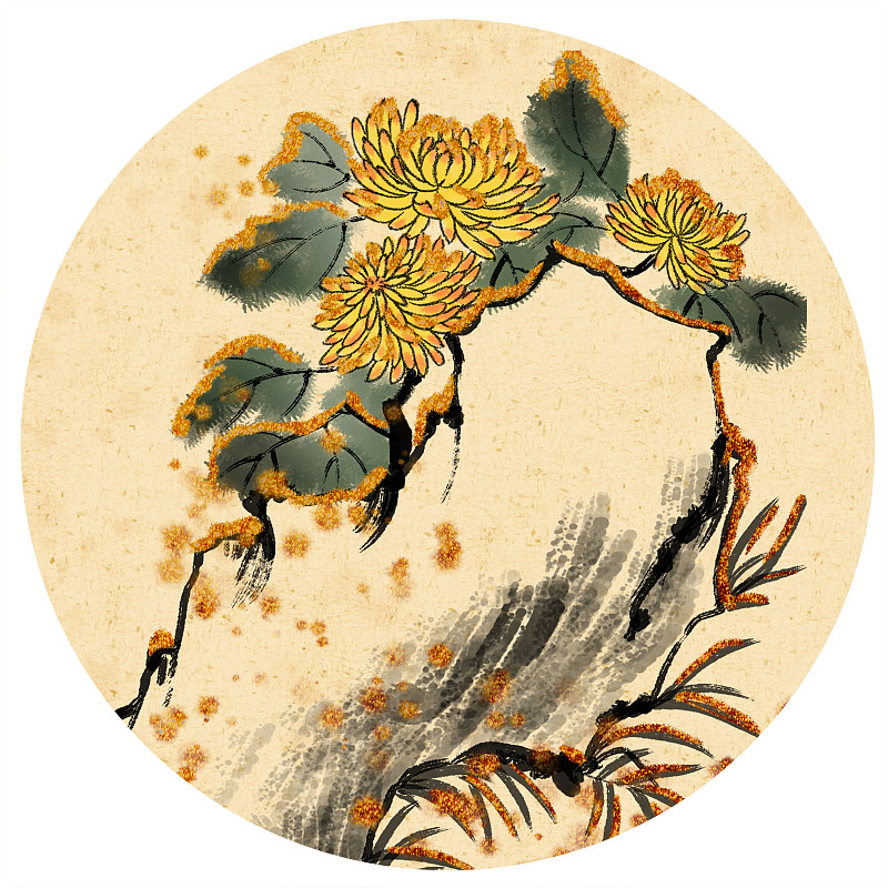 中国风水墨传统装饰圆形扇面伞面背景插画菊花图片