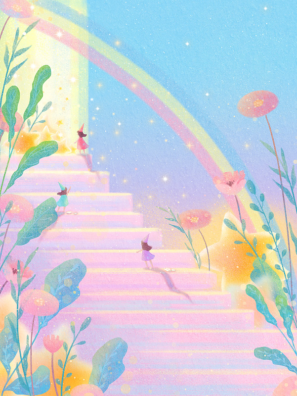 小精灵彩虹阶梯植物插画图片