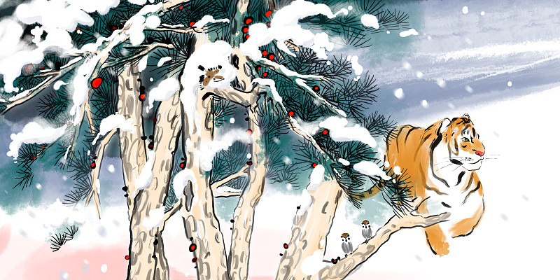 12虎年季节风景系列插画12幅冬天节气大雪小雪大寒小寒图片