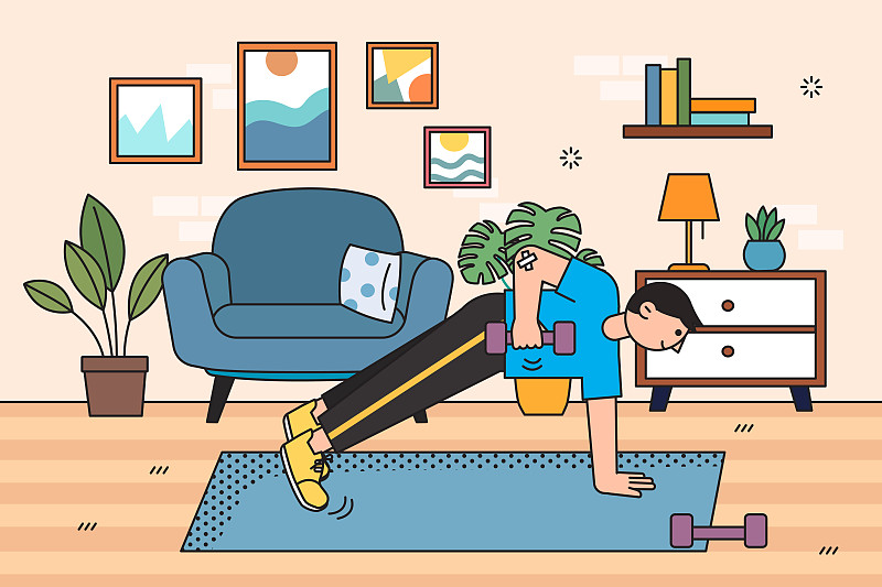在家锻炼健身的男人矢量插画图片
