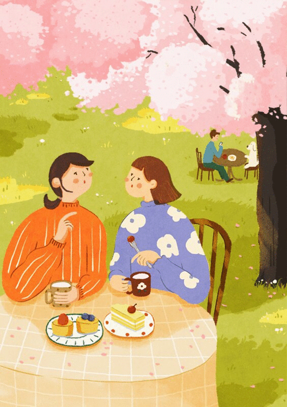 春日两位女生在樱花树下喝下午茶插画下载