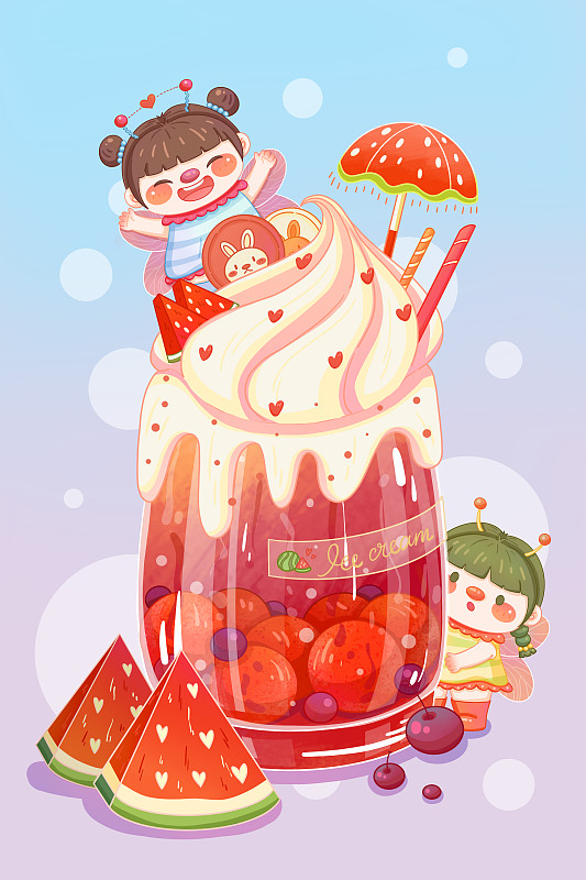 冰爽西瓜冰淇淋饮料奶茶小精灵夏季美食人物插画下载