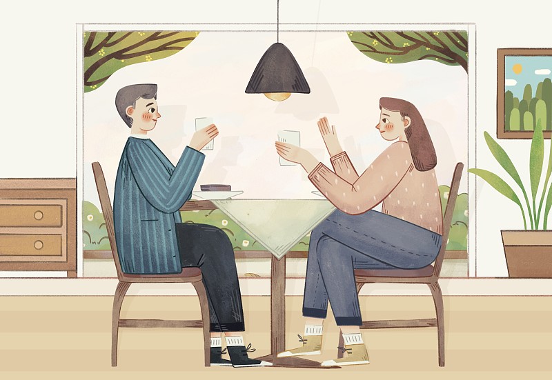 手绘卡通在窗边喝茶交谈的朋友图片下载
