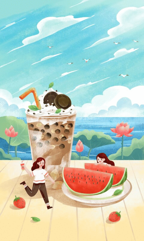 夏天喝奶茶吃西瓜的女孩图片下载