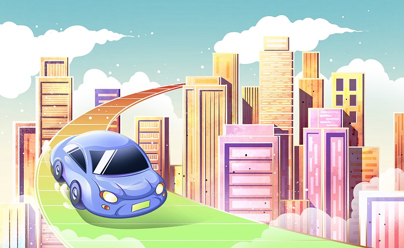 城市建筑和道路上的电动车概念插画下载
