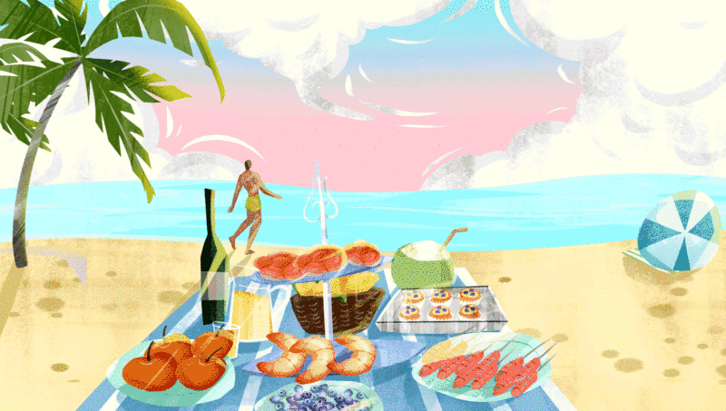 海边度假聚餐插画背景-GIF动图图片