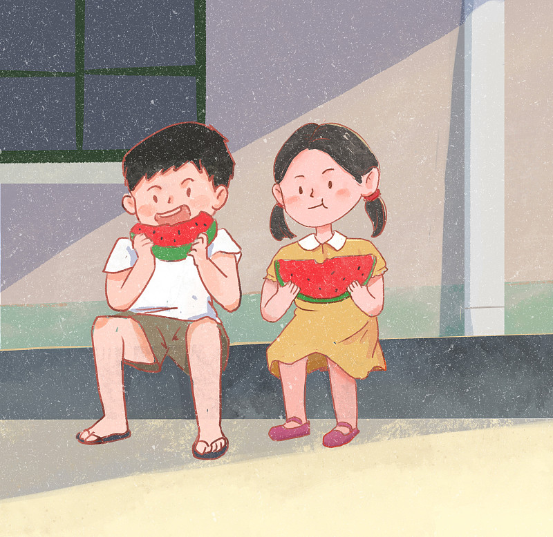 夏天吃西瓜的小孩图片下载