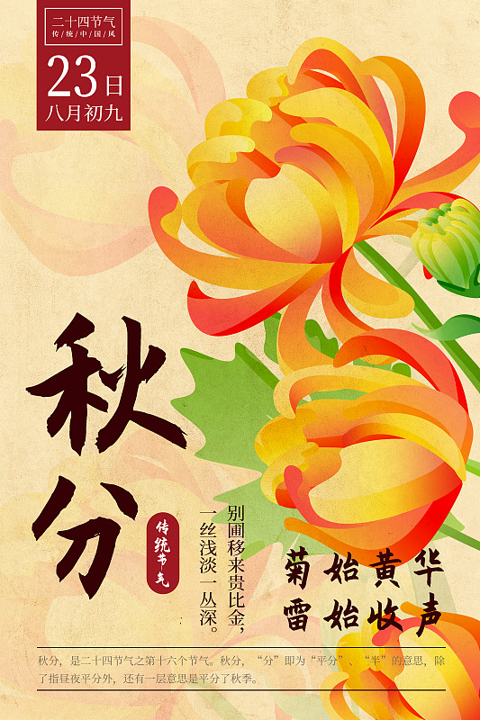 二十四节气新中式植物海报-16秋分-菊花图片下载
