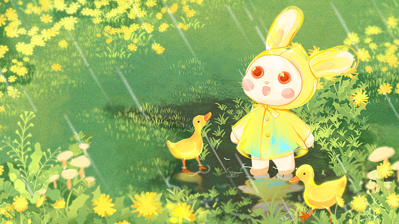 兔年四月草地水洼下雨小兔子鸭子系列插画下载