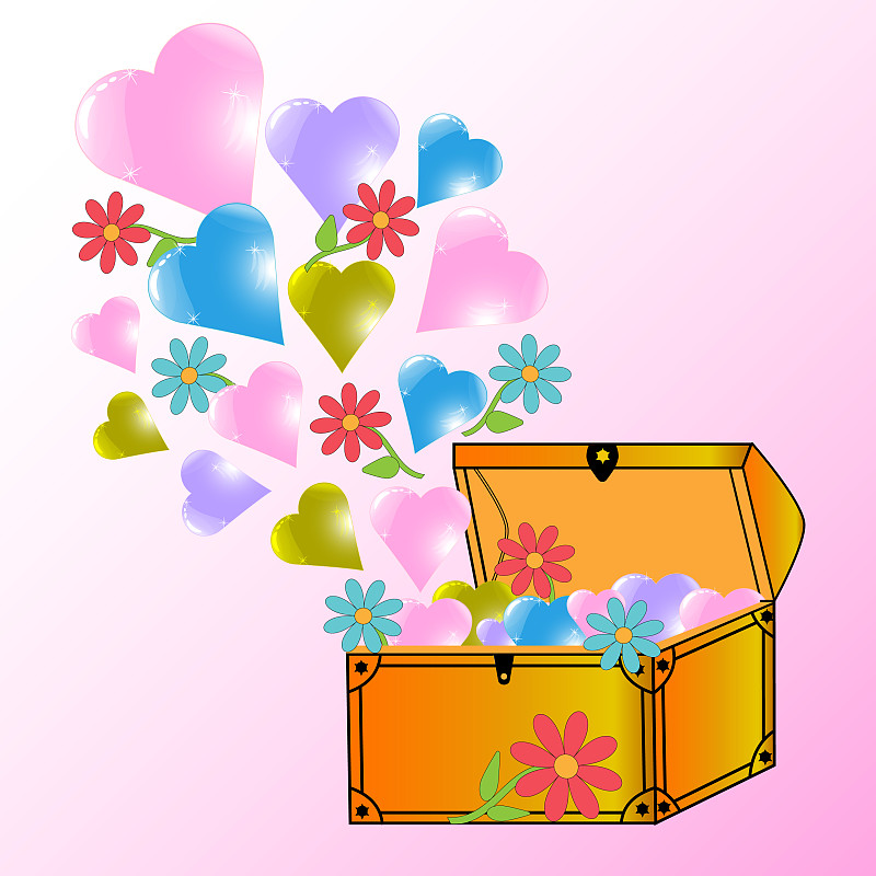金色的箱子，里面有爱心和鲜花插画图片