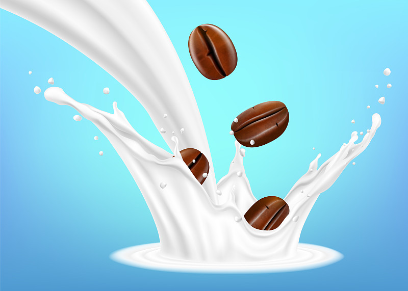 牛奶溅上了躺在牛奶上的咖啡豆插画图片