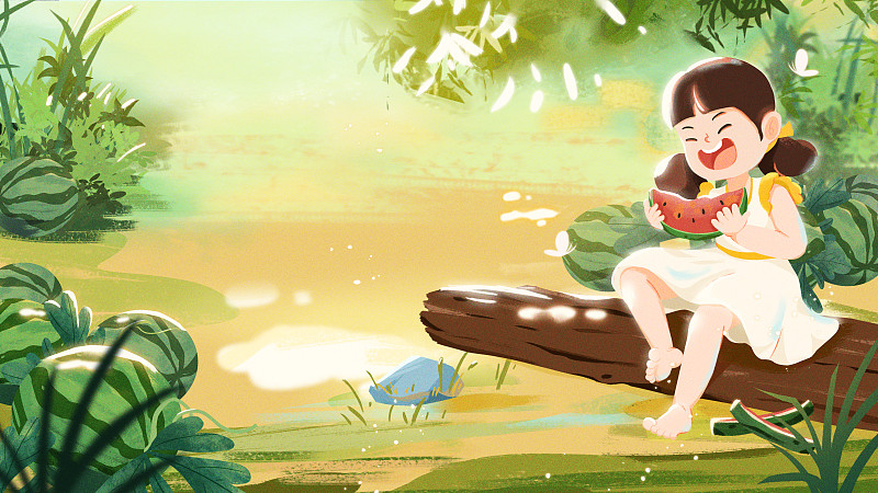 小暑节气女孩坐在地上吃西瓜插画插画图片