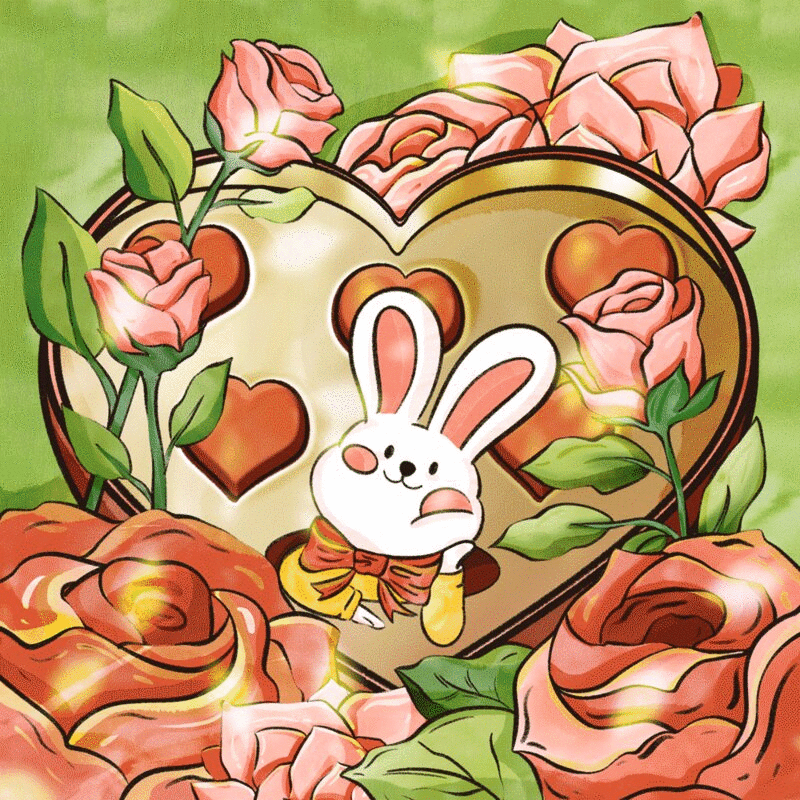 治愈系兔子吹水彩风动图情人节浪漫玫瑰花图片下载