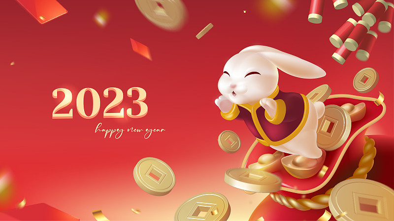 兔年春节背景设计从福袋里飞出的可爱兔子图片下载
