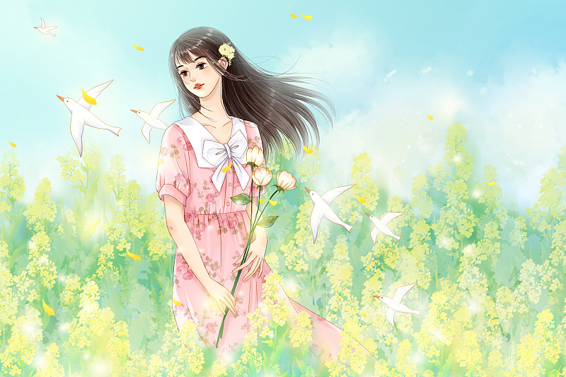 迎风站在油菜花丛中的粉裙少女图片下载