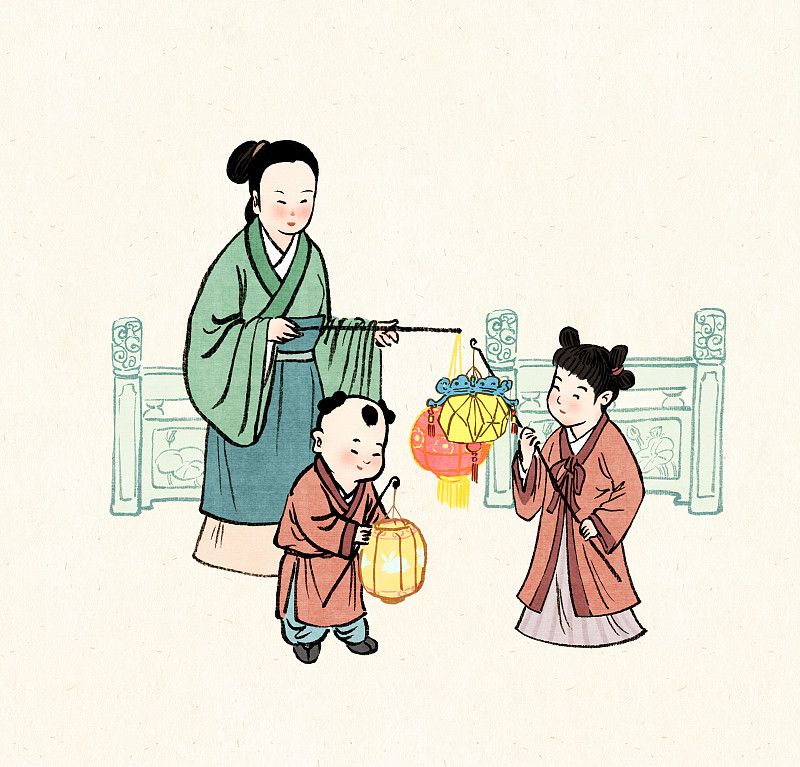 中国古代传统年俗系列之正月十四试花灯的一家人图片下载