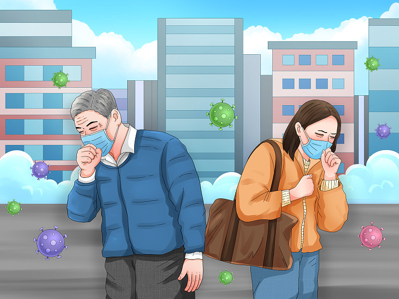 城市里戴口罩咳嗽的人插画下载