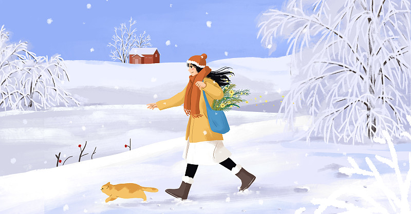 治愈系插画一个女孩和小猫在冬天的雪地玩耍下载