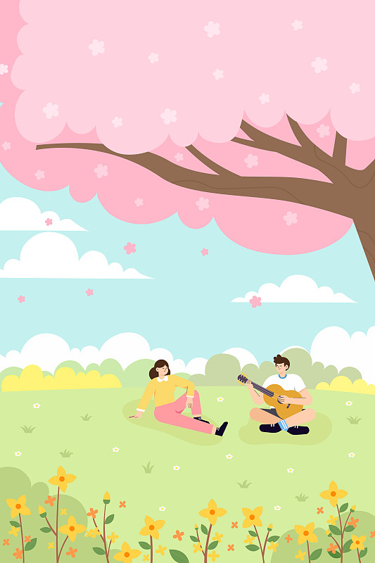 春天一对情侣在樱花树下约会矢量插画下载