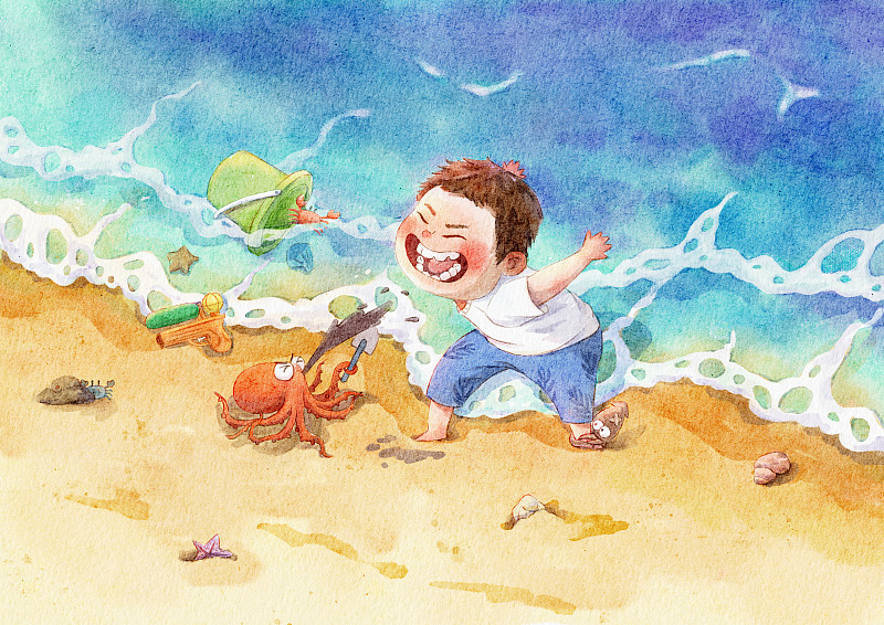盛夏海边和章鱼玩耍嬉戏的男孩图片下载