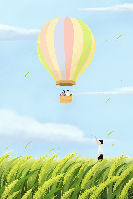 小清新治愈系插画一个热气球载着青年飞行在麦田上方的天空中下载