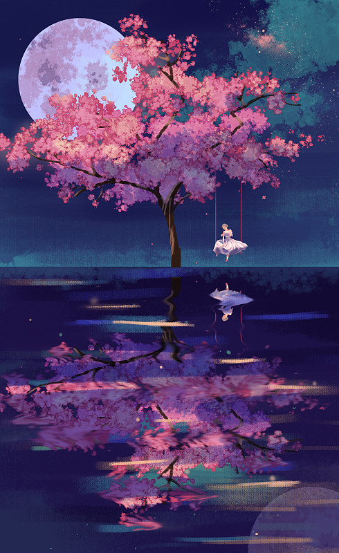 满月夜晚樱花树下湖面秋千女孩图片下载
