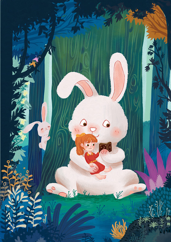 森林里看书的女孩和大兔子图片下载