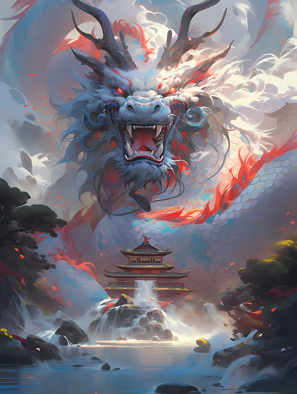 【AI数字艺术】中国传统神龙现身在天空云雾中场景插画原画下载