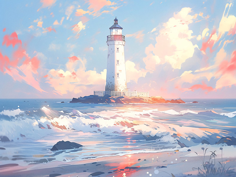 【AI数字艺术】蓝色的海浪，海边的灯塔插画下载
