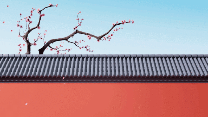梅花与中国风红墙3D渲染插画下载