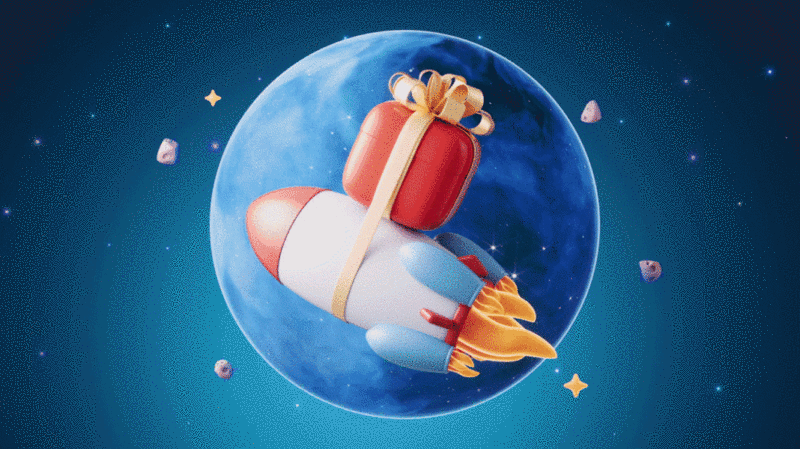 火箭与礼物外太空卡通3D渲染图片下载