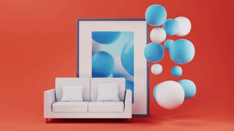 柔软的沙发与球体3D渲染插画下载