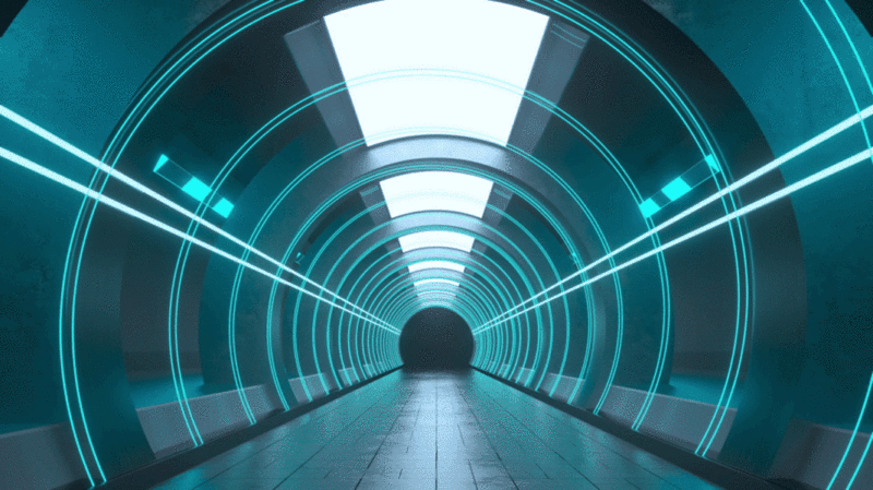 前进在蓝色霓虹灯光隧道3D渲染图片下载