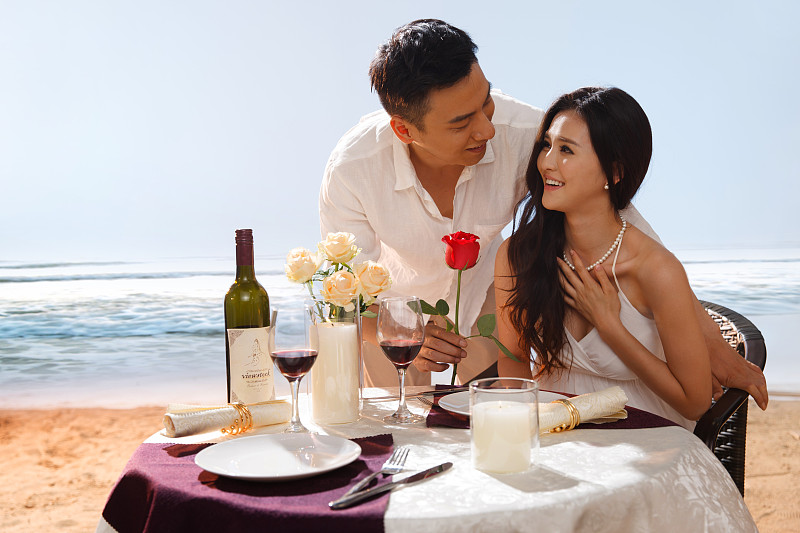 浪漫情侣在海边用餐图片下载