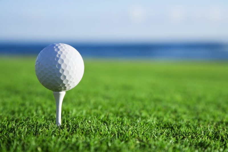 高尔夫球在球座与海景图片下载