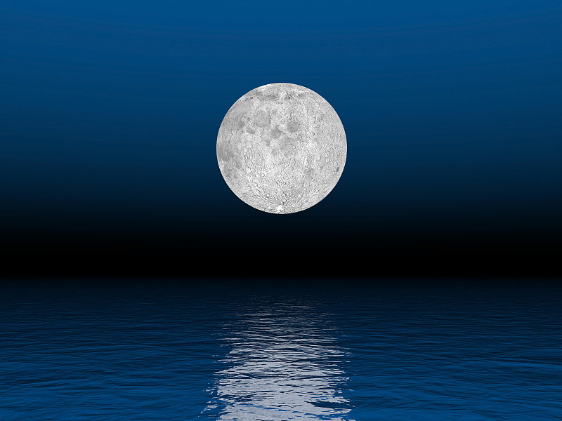 大海上深蓝色的天空映衬着美丽的满月。图片下载
