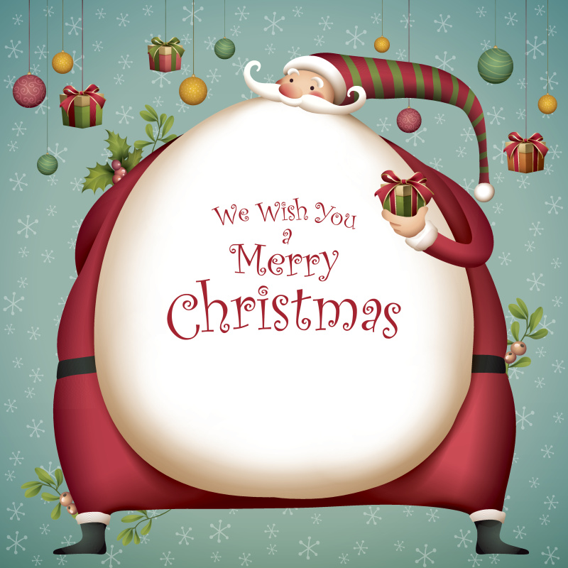 圣诞卡片-胖圣诞老人与圣诞装饰品图片素材