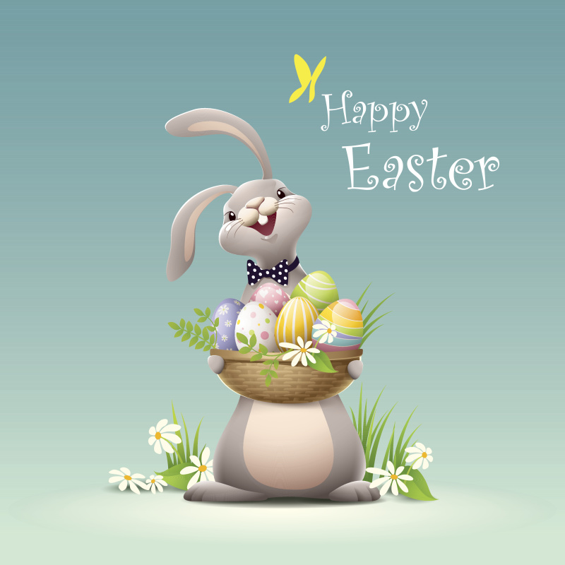 复活节兔子抱着装满鸡蛋的篮子快乐图片素材