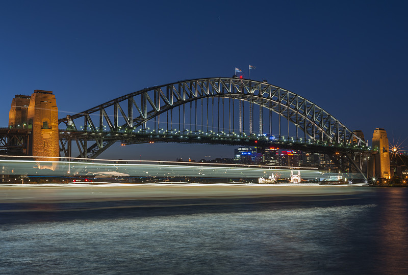 澳大利亚，新南威尔士州，悉尼，悉尼海港大桥与模糊渡轮在黄昏图片素材
