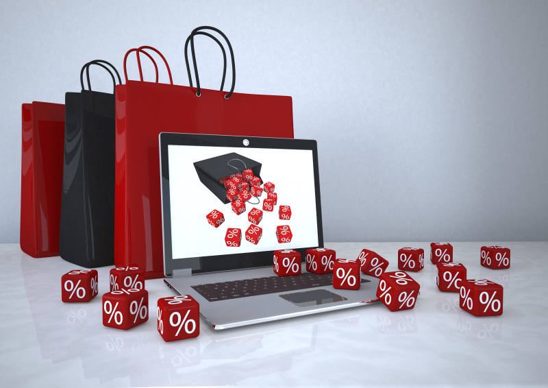 3d插图，网上购物，笔记本购物袋和红色方块图片下载