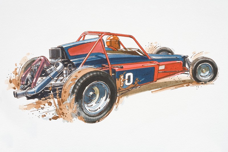 插图，沙漠赛车被驾驶在沙地上，单座小车与红色滚笼，侧视图。图片下载