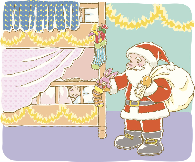 圣诞老人送圣诞礼物时孩子们睡觉的图画图片素材