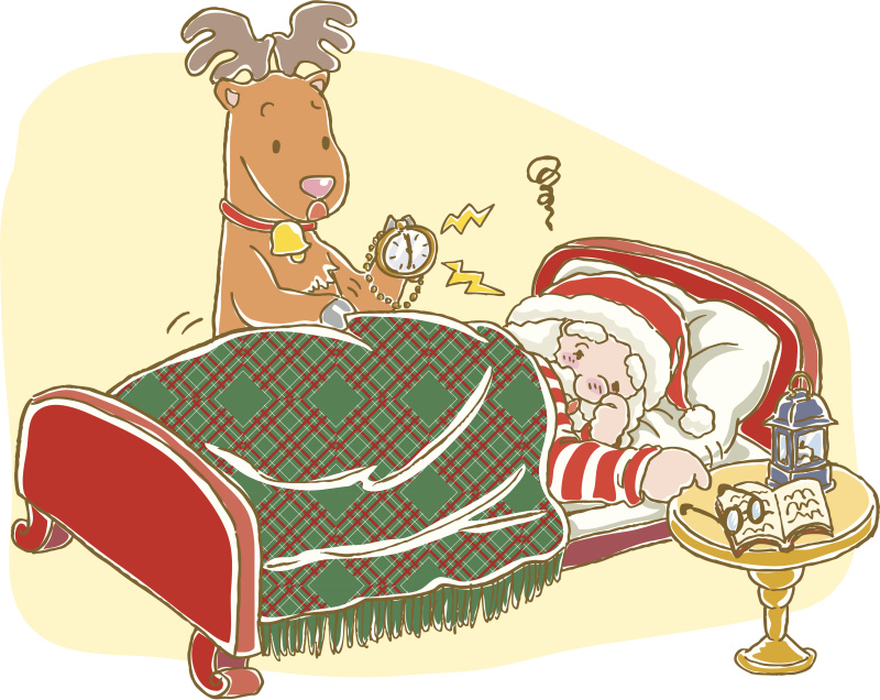 驯鹿试图叫醒圣诞老人的画，插图图片下载