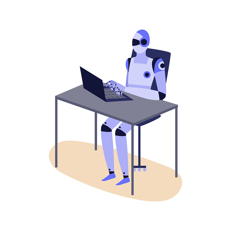 在笔记本电脑上工作的人形机器人——坐在办公桌后面的紫色半机械人图片下载